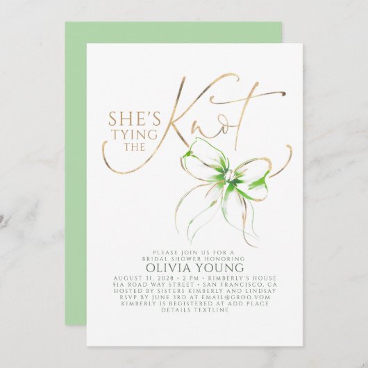 Invitation Green Bow Elegant Modern Minimalist Bridal Shower (Devant / Derrière)