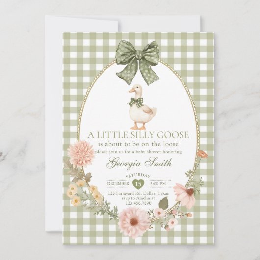 Invitation Green Bow Gingham Silly Goose Baby Shower (Devant)