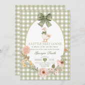 Invitation Green Bow Gingham Silly Goose Baby Shower (Devant / Derrière)