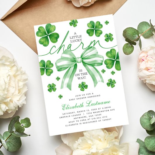 Invitation Green Bow Lucky Charm Baby Shower