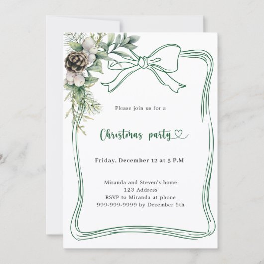 Invitation Green bow pine greenery Christmas Party (Devant)