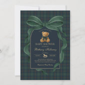 Invitation Green Bow Teddy Bear Polo Plaid Baby Shower (Devant)