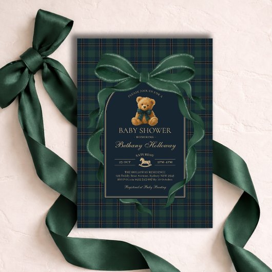 Invitation Green Bow Teddy Bear Polo Plaid Baby Shower