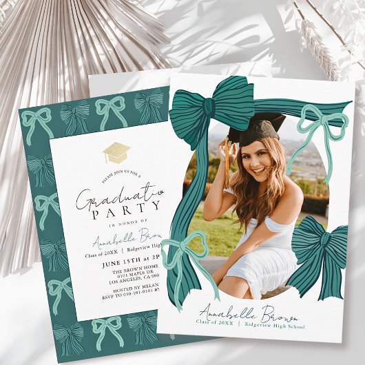 Invitation Green Bows Photo Graduation Party