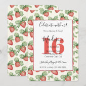 Invitation Green Bows Red Strawberries Fruit 16th Birthday (Devant / Derrière)