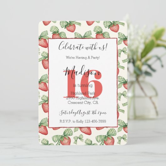 Invitation Green Bows Red Strawberries Fruit 16th Birthday (Debout devant)