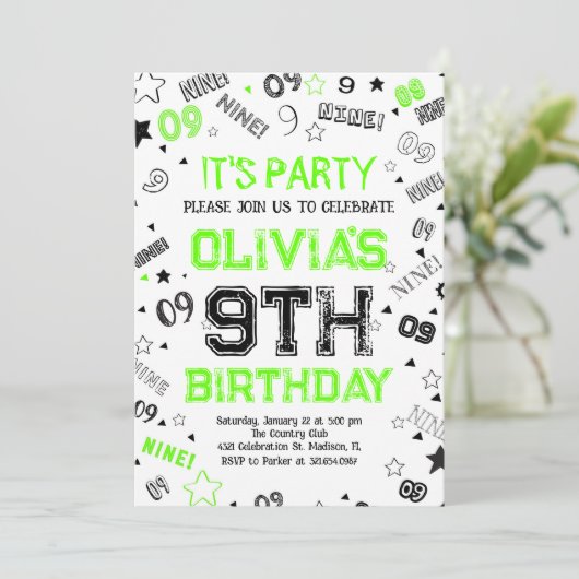 Invitation Green Boy Number Neuf fête d'anniversaire (Debout devant)