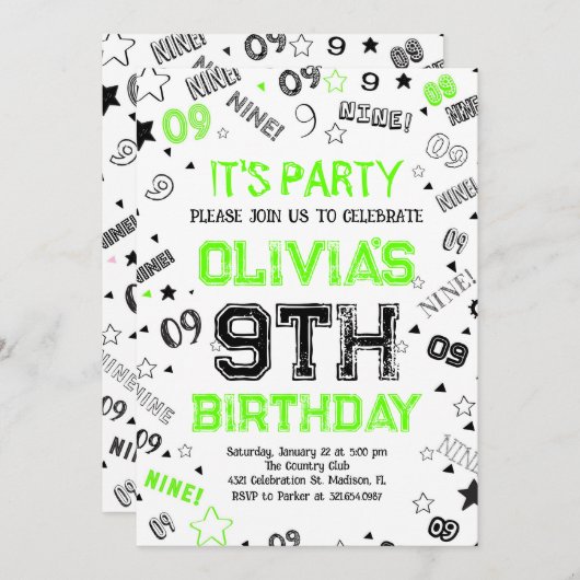 Invitation Green Boy Number Neuf fête d'anniversaire (Devant / Derrière)