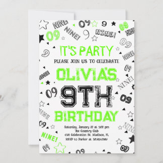 Invitation Green Boy Number Neuf fête d'anniversaire