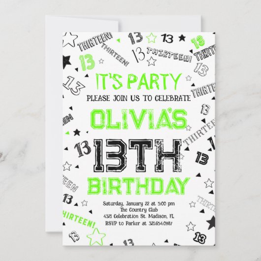 Invitation Green Boy Numéro Treize fête d'anniversaire (Devant)