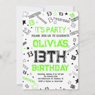Invitation Green Boy Numéro Treize fête d'anniversaire