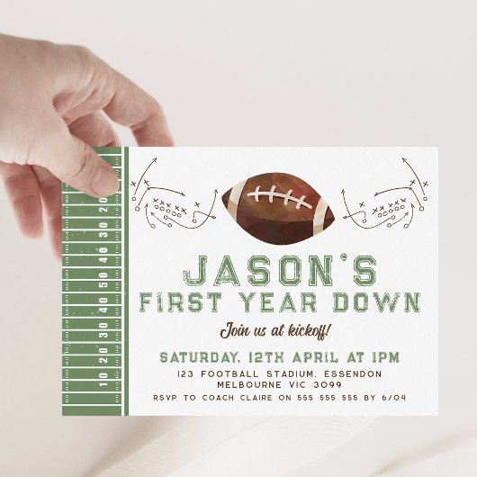 Invitation Green Brown Football Jeu Jouer 1er anniversaire