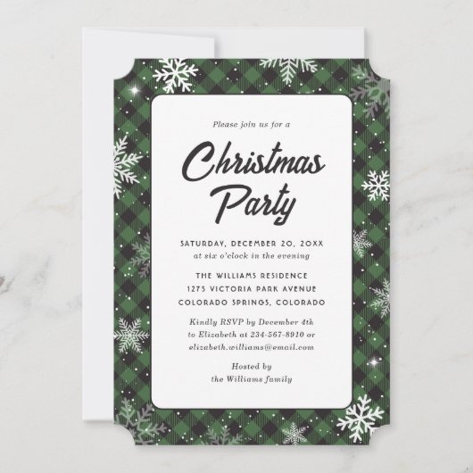 Invitation Green Buffalo Plaid Snowflake Christmas Party (Devant)