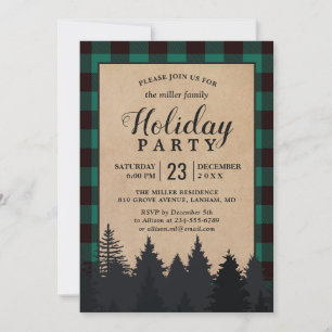 Invitation Green Buffalo Plaid Winter Forest Fête