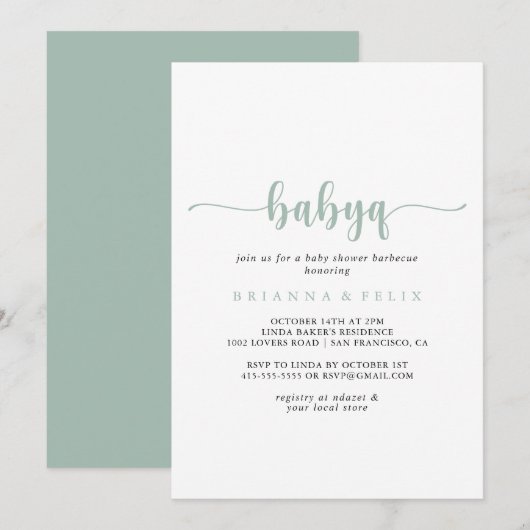 Invitation Green Calligraphy BabyQ Baby shower Barbecue (Devant / Derrière)