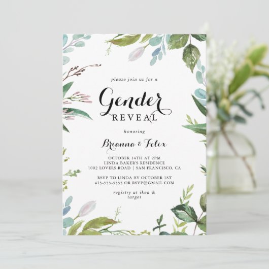 Invitation Green Calligraphy Tropical Genre Reveal Party (Debout devant)