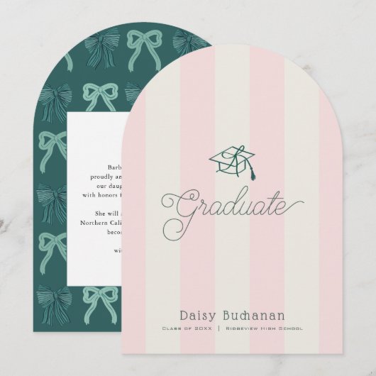 Invitation Green Cap Pink Stripes Bow Graduation Announcement (Devant / Derrière)