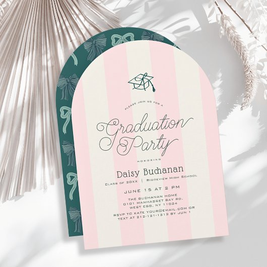 Invitation Green Cap & Pink Stripes Graduation Party