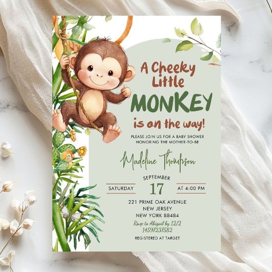 Invitation Green Cheeky Little Monkey on the way Baby Shower