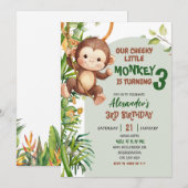 Invitation Green Cheeky Little Monkey Savannah Theme Birthday (Devant / Derrière)