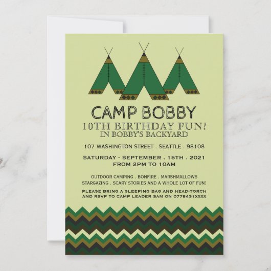 Invitation Green Chevron Tipi, Camping Anniversaire (Devant)