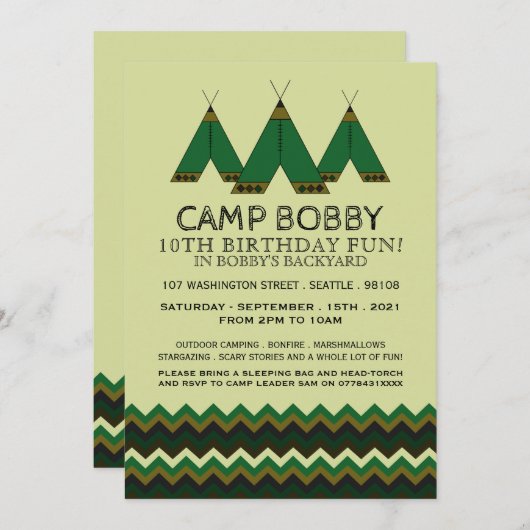 Invitation Green Chevron Tipi, Camping Anniversaire (Devant / Derrière)