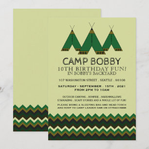 Invitation Green Chevron Tipi, Camping Anniversaire