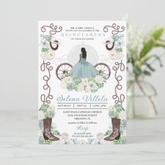 Invitation Green Cinderella Carriage Western Quinceañera (Debout devant)