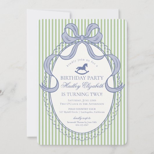 Invitation Green Coquette Bow Rocking Horse Birthday (Devant)