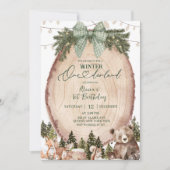 Invitation Green Coquette Rustic Winter Forest 1st Birthday (Devant)