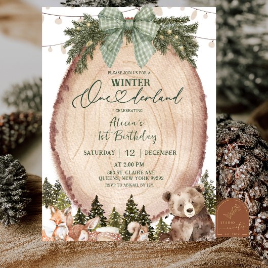 Invitation Green Coquette Rustic Winter Forest 1st Birthday