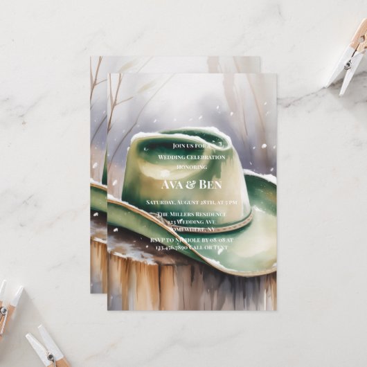 Invitation Green Cowboy Hat in Snow Wedding Celebration (Devant/Arrière en situation)