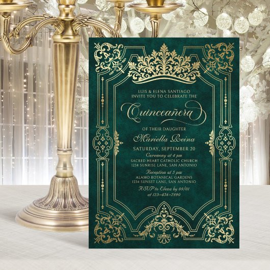 Invitation Green Crown Tiara Elegant Quinceanera