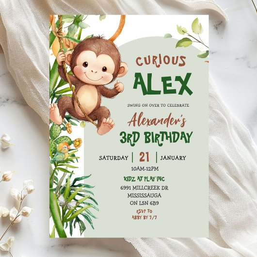 Invitation Green Curious Monkey Safari Theme Birthday
