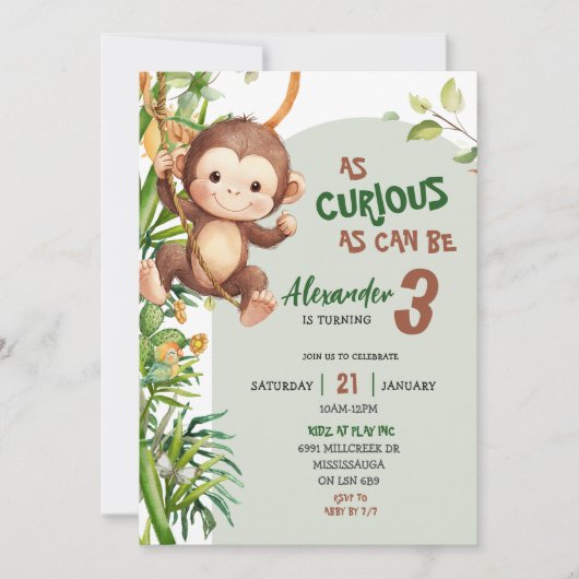 Invitation Green Curious Monkey Savannah Theme Birthday (Devant)