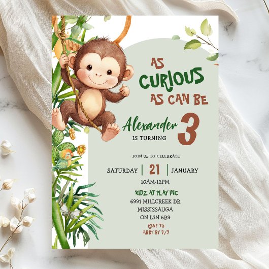 Invitation Green Curious Monkey Savannah Theme Birthday