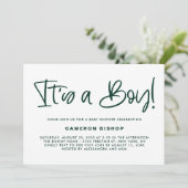 Invitation Green Cute Calligraphy C'est un Baby shower garçon (Debout devant)