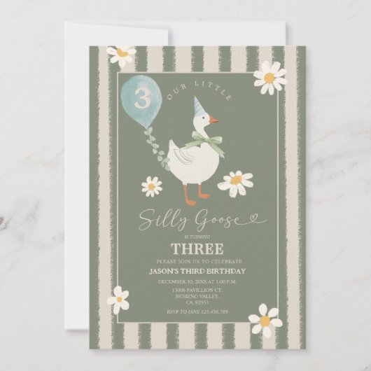 Invitation Green Daisy Little Silly Goose Boy 3e anniversaire (Devant)