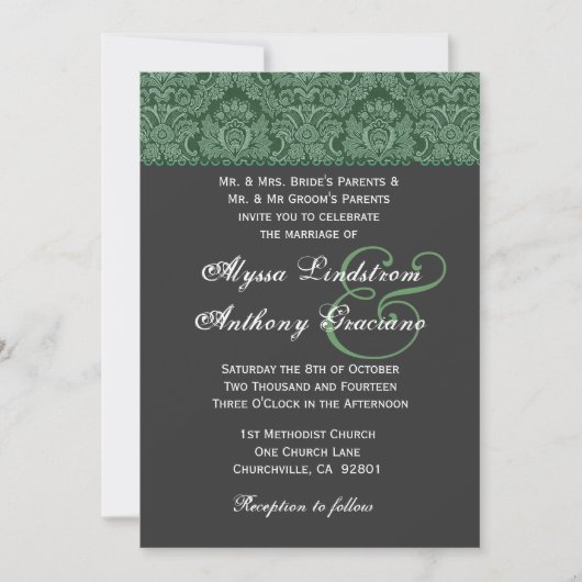 Invitation Green Dark Grey Mariage damassé (Devant)