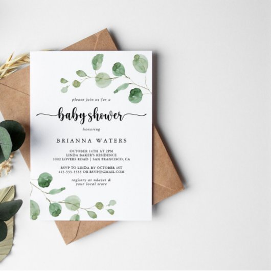Invitation Green Delight Eucalyptus Baby shower de calligraph