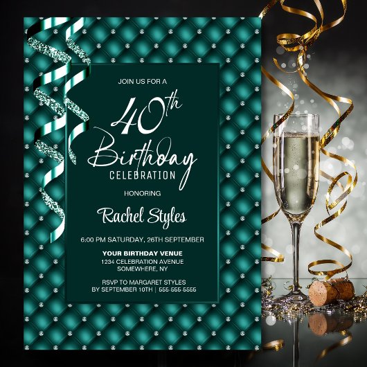 Invitation Green Diamond Motif 40e fête d'anniversaire