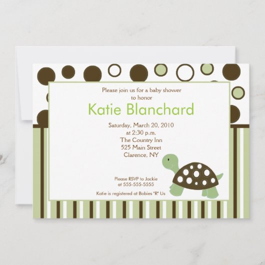 Invitation Green Dot Mod Turtle Baby shower 5x7 tendance (Devant)
