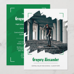 Invitation Green Edgy Abstrait Brushstroke Photo Graduation