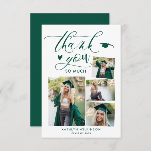 Invitation Green Elegant Script 4 Photo Graduation Merci (Devant / Derrière)