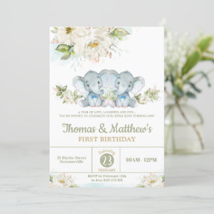 Invitation Green Elephant Twin Boys 1er anniversaire