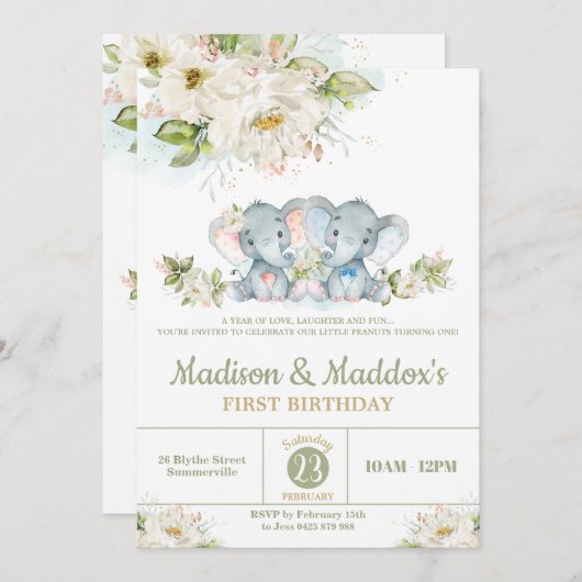 Invitation Green Elephant Twins Garçon Fille Anniversaire Fêt (Devant / Derrière)