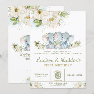 Invitation Green Elephant Twins Garçon Fille Anniversaire Fêt