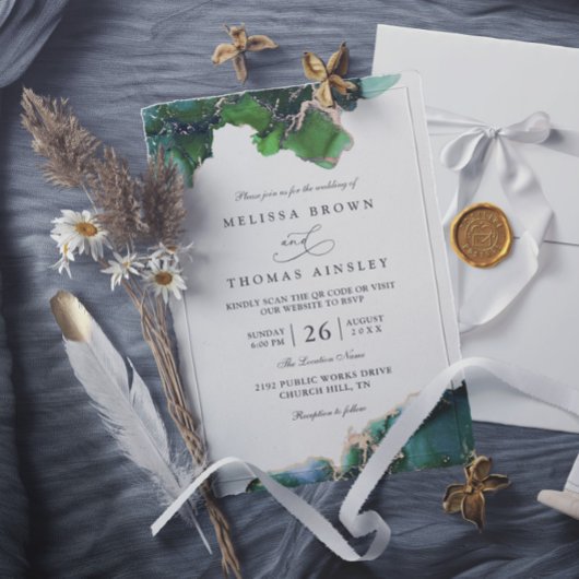 Invitation Green Emerald Tidepool Elegant QR Code Wedding