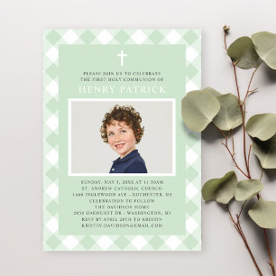 Invitation Green En vichy Plaid First Communion pour garçon P