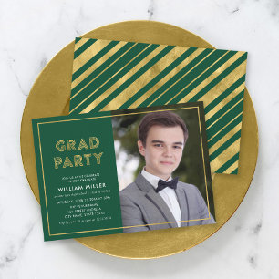 Invitation Green et Faux Gold Géométrique Photo Grad Party